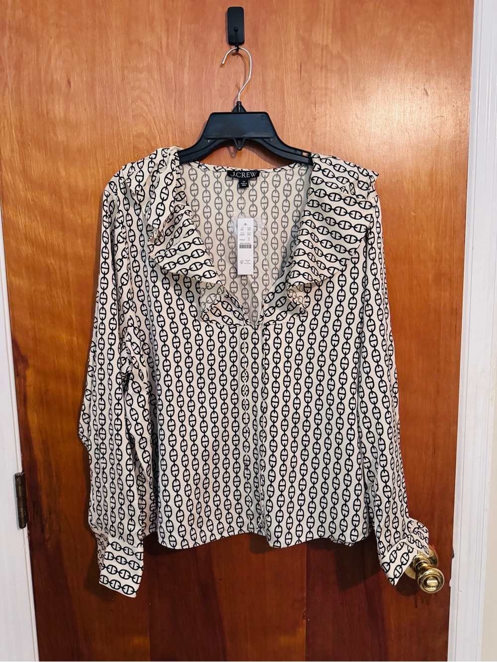 J. Crew Cream and Black Printed Ruffle V-Neck Blouse